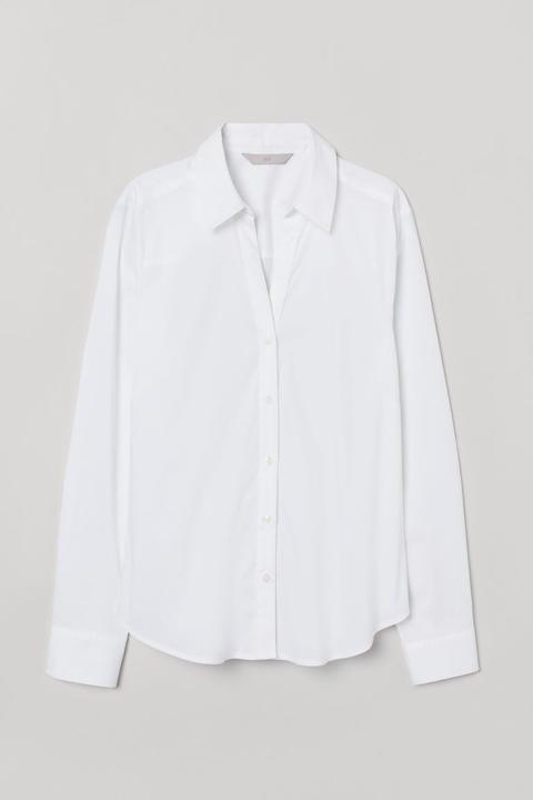 Camisa De Popelina Escote En V - Blanco