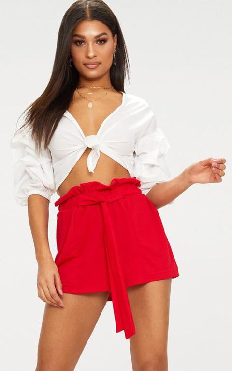 Red Crepe Ruched Tie Waist Shorts