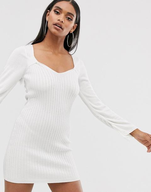 Minivestido De Punto Con Escote Cuadrado Y Detalle Fruncido En La Manga De Asos Design-blanco