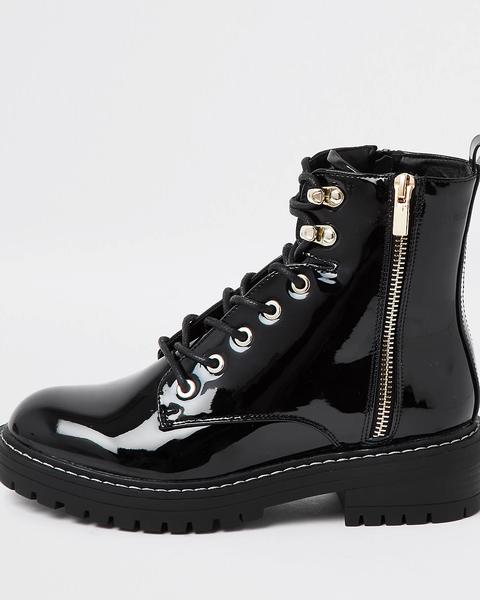 Black Patent Lace Up Ankle Boots