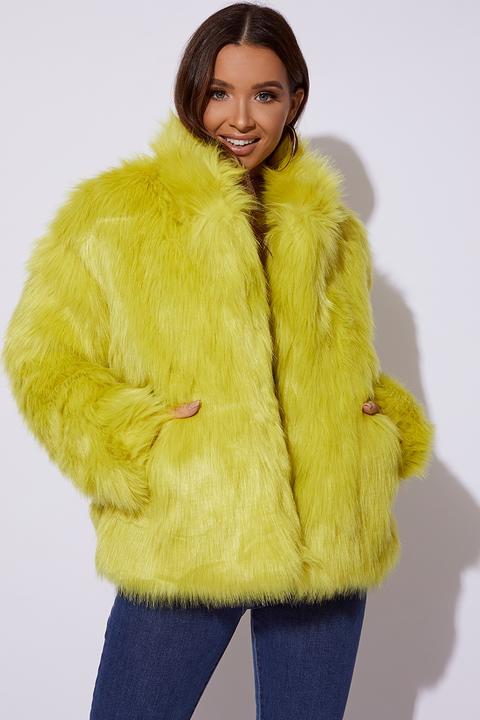 Green Coats - Cc Clarke Lime Oversized Faux Fur Coat