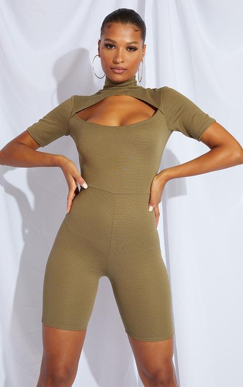 Khaki Thick Rib High Neck Cut Out Unitard