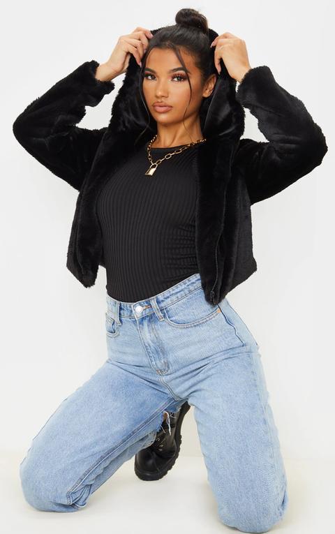 Black Faux Fur Cropped Hooded Jacket