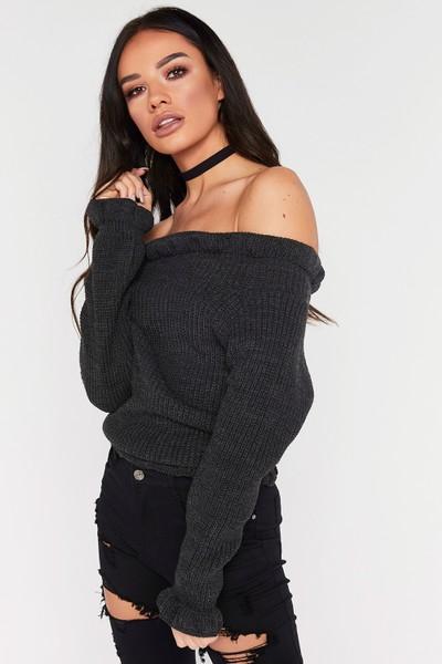 Robin Charcoal Grey Frill Knitted Bardot Jumper