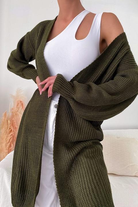 Khaki Balloon Sleeve Knitted Cardigan , Green