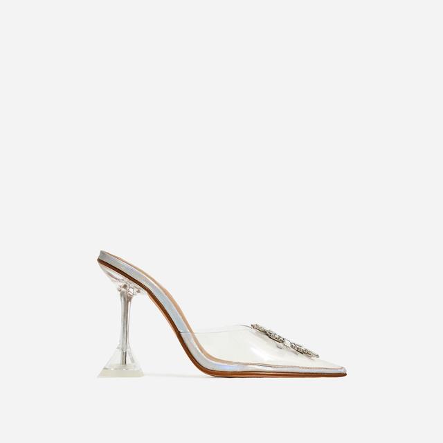 Midnight diamante detail perspex clear heel mule in silver holographic faux leather clearance