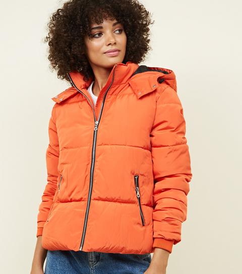 Bright Orange Contrast Zip Front Puffer Jacket New Look