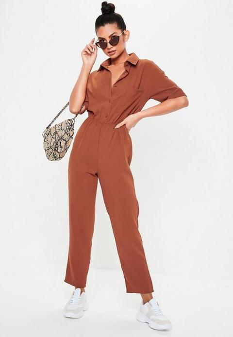 Terracotta Short Sleeve Utility Jumpsuit, Rust Orange