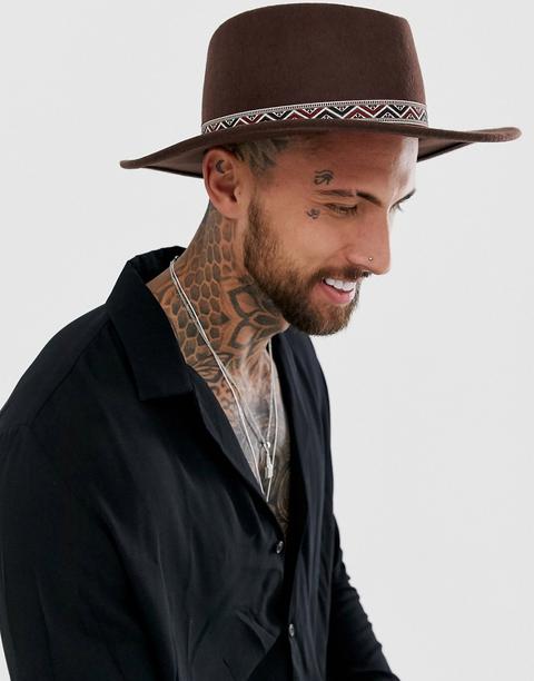 Asos Design Wide Brim Pork Pie Hat In Brown With Aztec Band