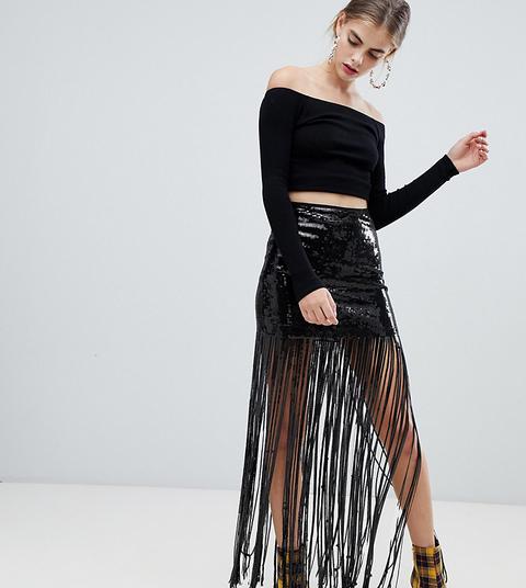 Bershka - Gonna Midi Con Frange E Paillettes - Nero