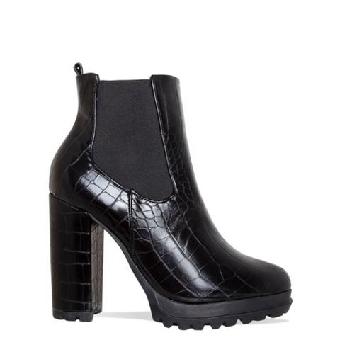 Julia Black Croc Platform Block Heel Ankle Boots