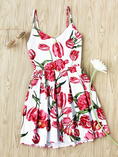 Floral Print Random Box Pleat Cami Dress