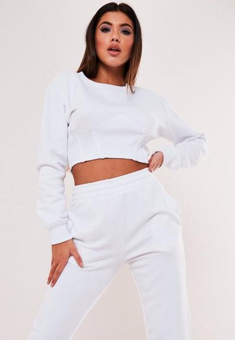 White Corset Detail Cropped Sweatshirt, White