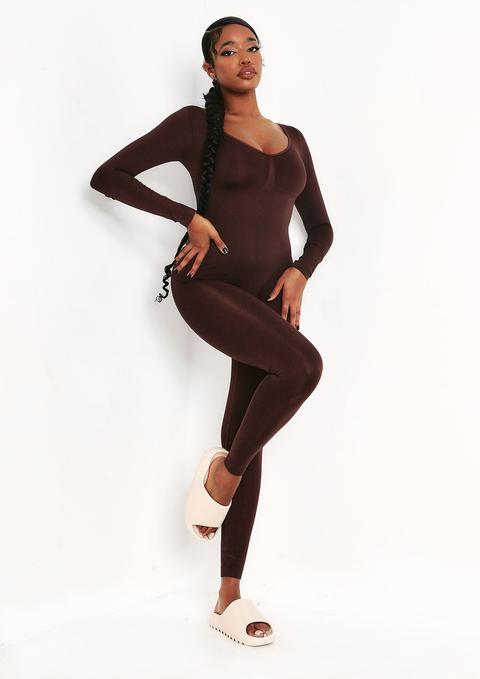 Amelia Chocolate Seamless Long Sleeve Plunge Jumpsuit