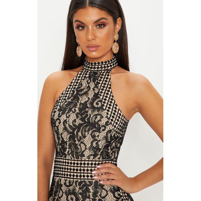 black lace crochet high neck midi dress