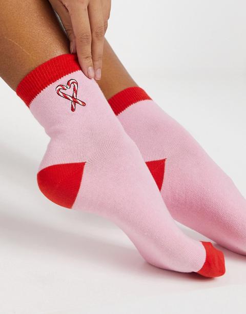 Asos Design Christmas Embroidered Candy Ankle Socks In Pink