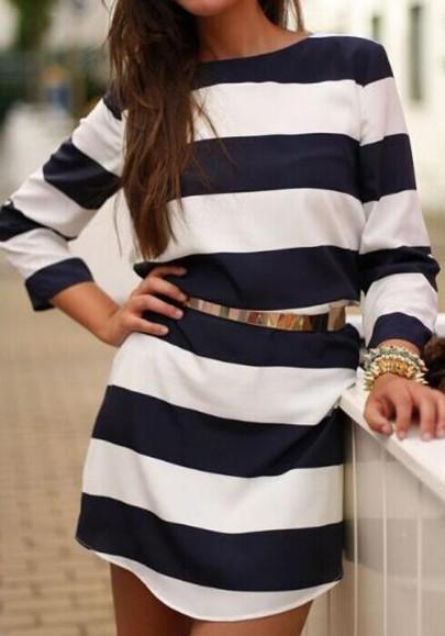 White Striped Pattern Round Neck Streetwear Cotton Mini Dress