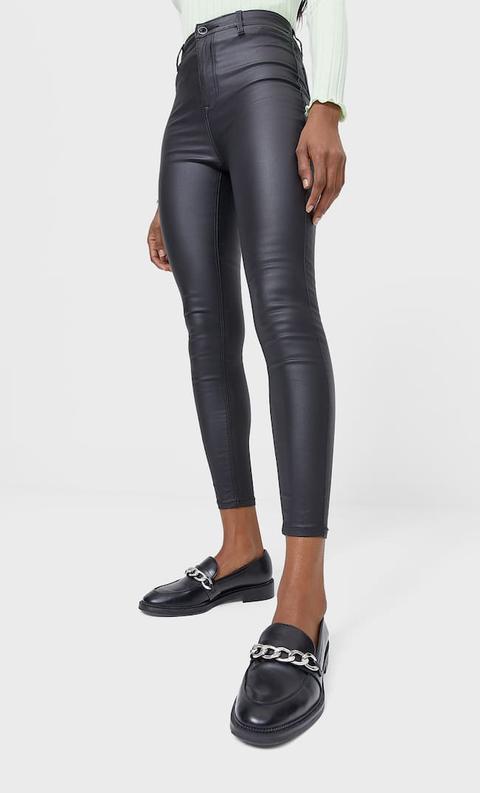 Stradivarius Pantalon Enduit À Taille Très Haute Femme Noir 40