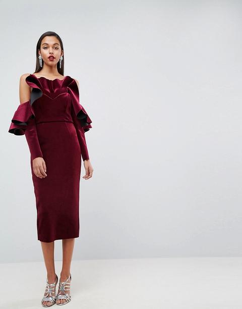 Asos Edition - Vestito Midi In Velluto Accoppiato Con Volant E Maniche Lunghe - Rosso