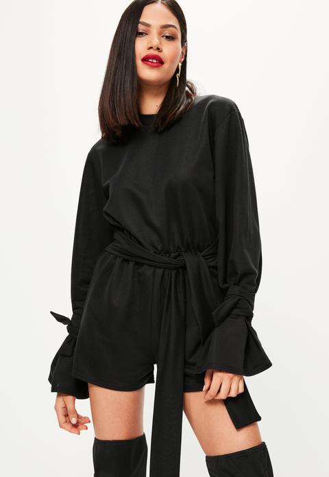 Black Tie Sleeve Tie Front Playsuit