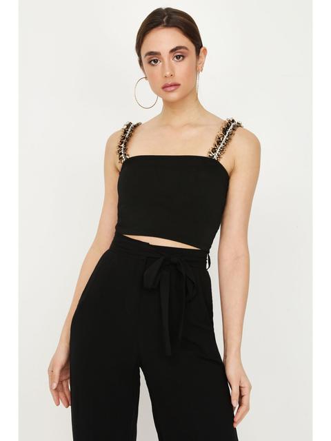 Black Animal Organza Trim Crop Top