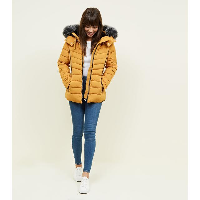 mustard padded faux fur coat