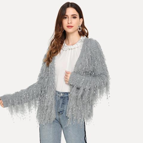 Cardigan Con Apertura Frontale E Decorato Di Perline