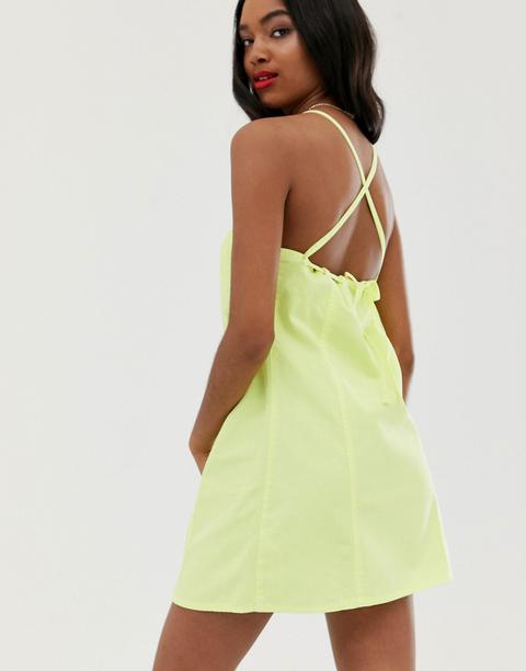 Asos Design Denim Sundress With Tie Back In Washed Neon Lime-green