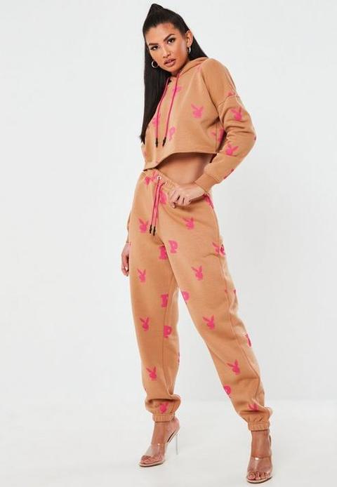 Playboy X Missguided Camel All Over Print Oversized Joggers, Camel