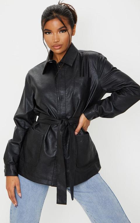 Veste Oversize Noire Ceinturée En Similicuir, Noir