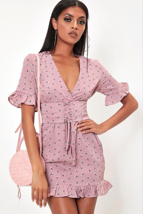 Dusky Pink Floral Lace Up Detail Tea Dress