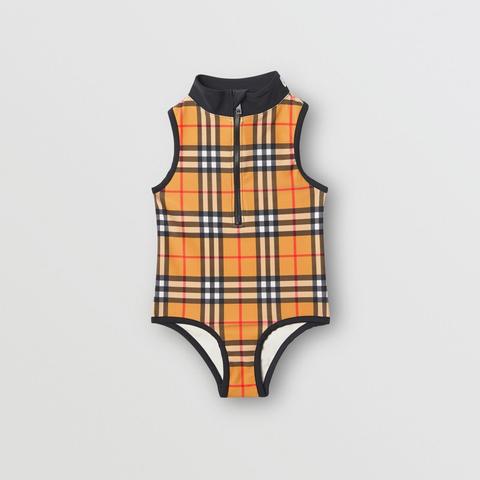 Burberry Childrens Logo Detail Vintage Check One-piece Swimsuit, Yellow