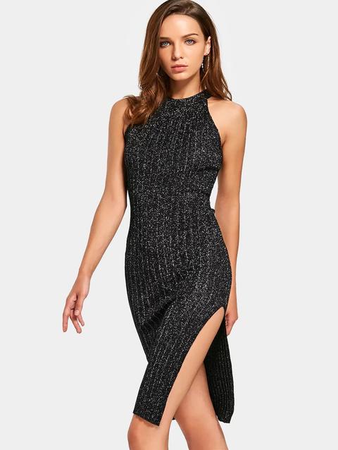 Abito Con Spacco Laterale Con Paillettes Senza Maniche