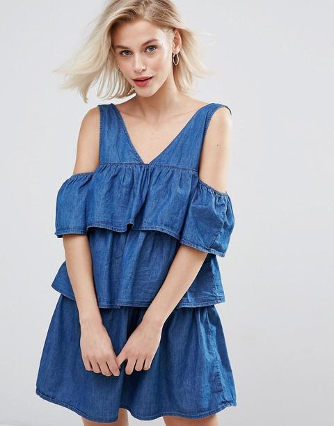 Pull&bear - Vestito Di Jeans Con Balze A Volant E Spalle Scoperte - Blu