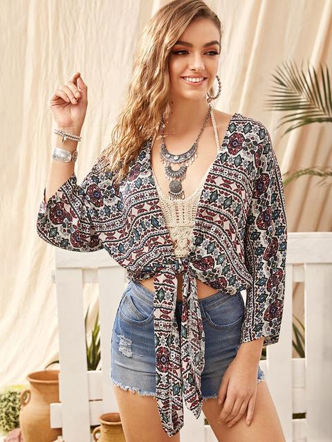 Kimono Asimmetrico Con Stampa Tribale