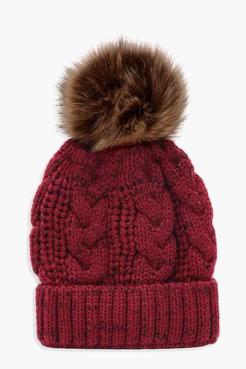 Cable Knit Faux Fur Pom Beanie