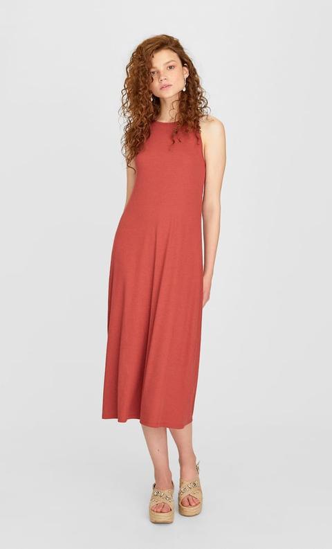 Stradivarius Robe Côtelée Encolure Américaine Femme Tuile Xs