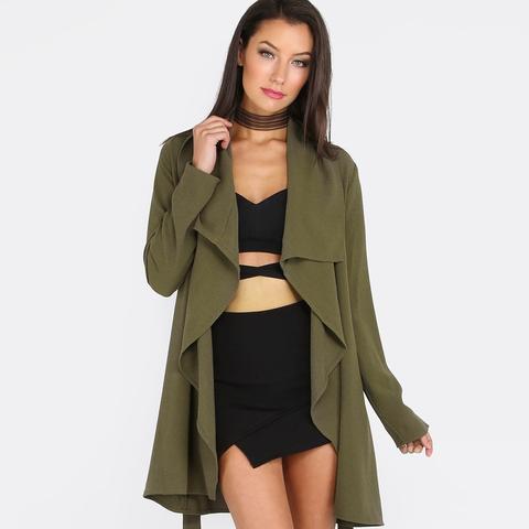 Army Green Lapel Tie Long Sleeve Outerwear