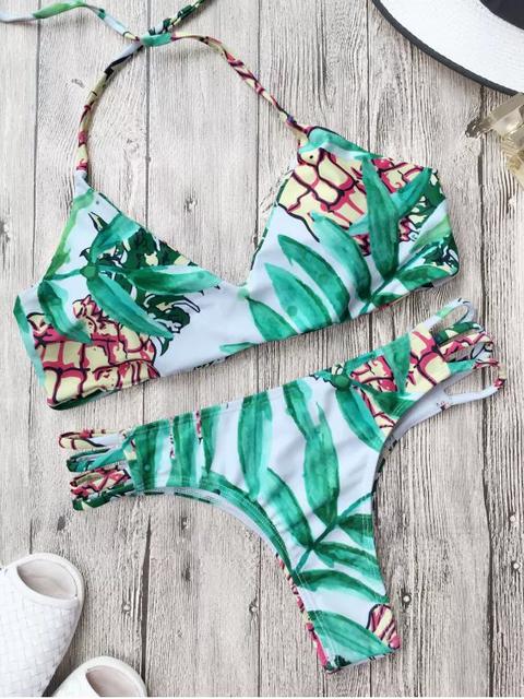 Traje De Bikini Reversible De Cordones Con Estampado De Hoja