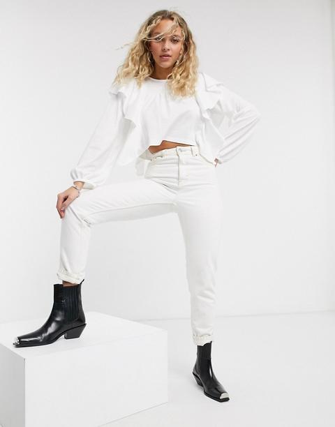 Top De Manga Larga Con Volante En Blanco De Topshop