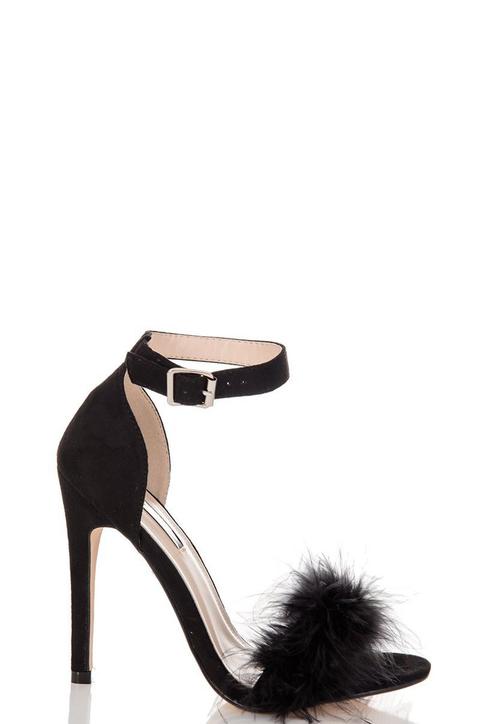 Black Faux Suede Feather Detail Heeled Sandals