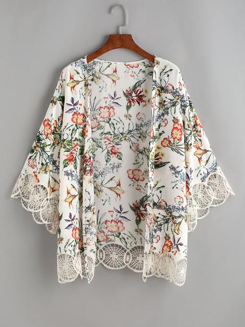 Kimono Con Estampado De Flor Ribete De Croché Blanco