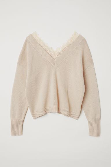 H & M - Pullover Con Bordo In Pizzo - Beige