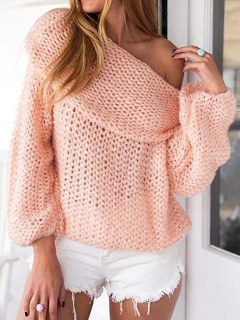 Pullover Dalla Spalla Manica Lunga Casual Rosa