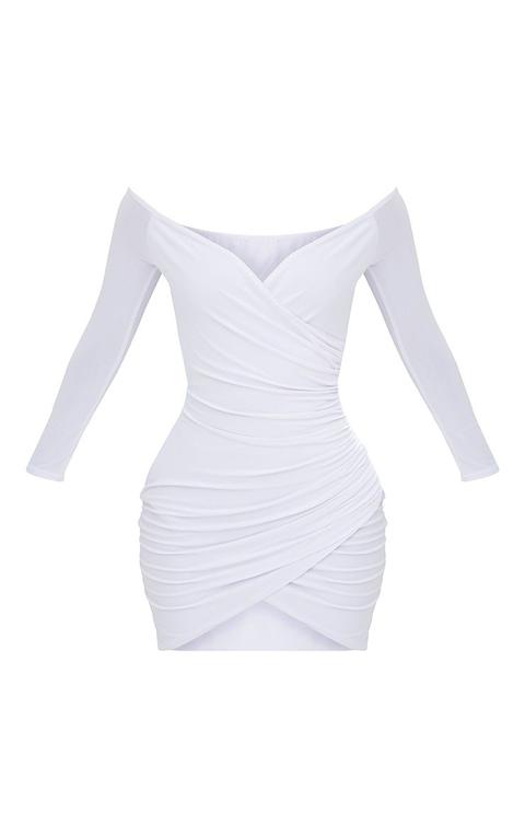 shape white ruched bardot bodycon dress