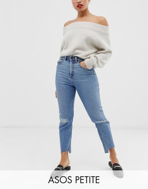 Asos Design Petite - Farleigh - Mom Jeans Slim A Vita Alta Lavaggio Vintage Chiaro Con Strappi E Rammendi - Blu