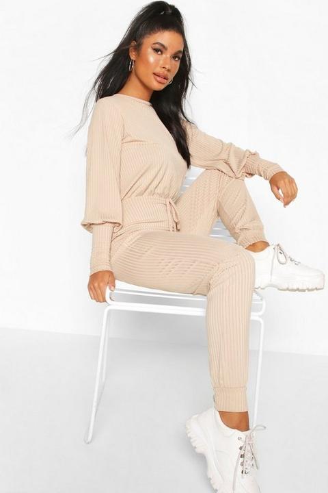 Womens Petite Ribbed Jogger Jumpsuit - Beige - 6, Beige