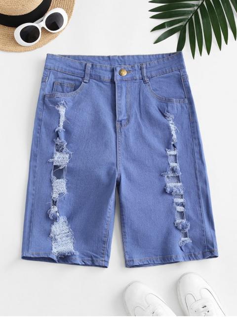 Distressed High Waisted Denim Shorts Blue