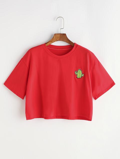 Cactus Embroidery Crop Tshirt