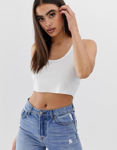 Asos Design - Top Court À Encolure Dégagée Et Ourlet Brut - Blanc